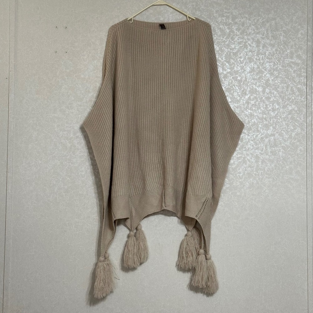 One Size Beige Knit Caftan Poncho Cape Sweater Pointed Tassel Oversized OS